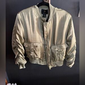 House of Harlow 1960 Sage Green Satin Bomber Jacket Ruffle Sleeves NWT Sz Small